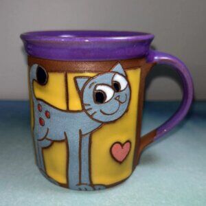 Beautiful Handmade Mug With Blue Cat And Pink Hearts